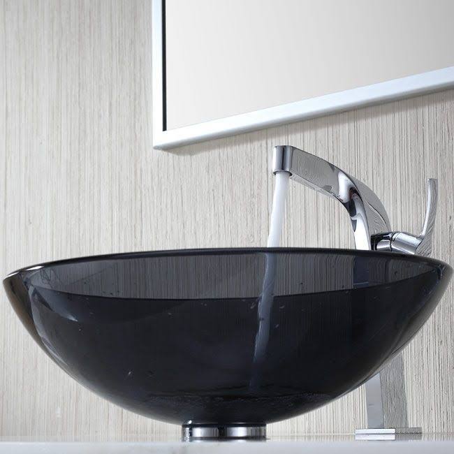 Kraus C-GV-104-12mm-15100CH Clear Black Glass Vessel Sink and Typhon Faucet - Chrome