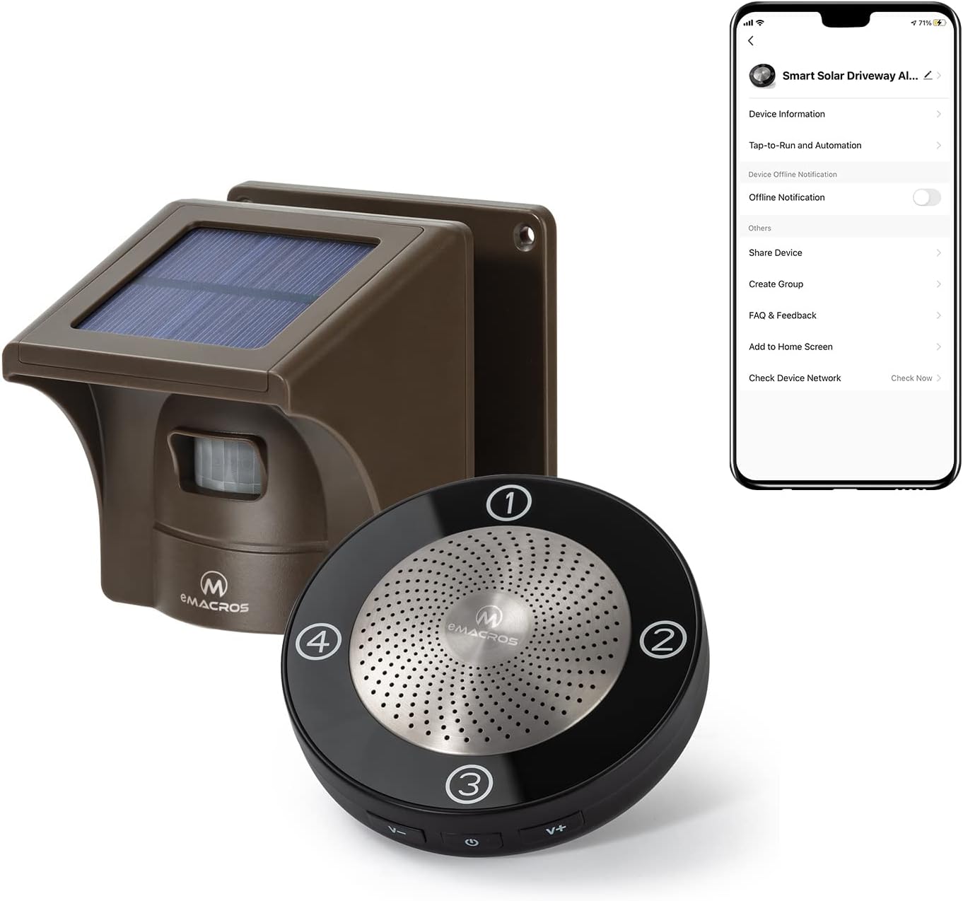 eMACROS Upgraded Smart Wireless Driveway Alarm,1/2 Mile Range Solar-Powered Motion Sensor, App for Remote Arm/Disarm & Alerts & Custom Chimes, Compatible with Pairable Solar Sensor,No Hub Required!