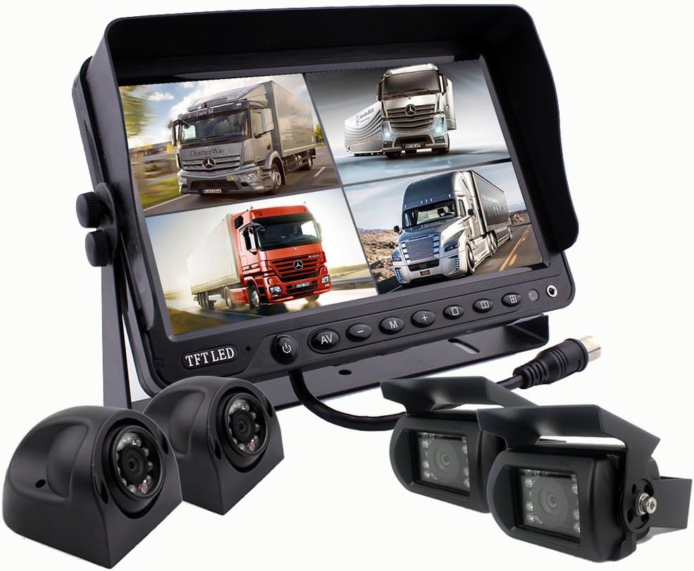 Camnex Backup Rear View Car Truck Camera & Monitor Safety System, 9 inch Digital Quad Splip Screen Monitor, Side View Camera, for Motorhome Truck Van Caravan Trailer Camper Bus RV Combine Harvester