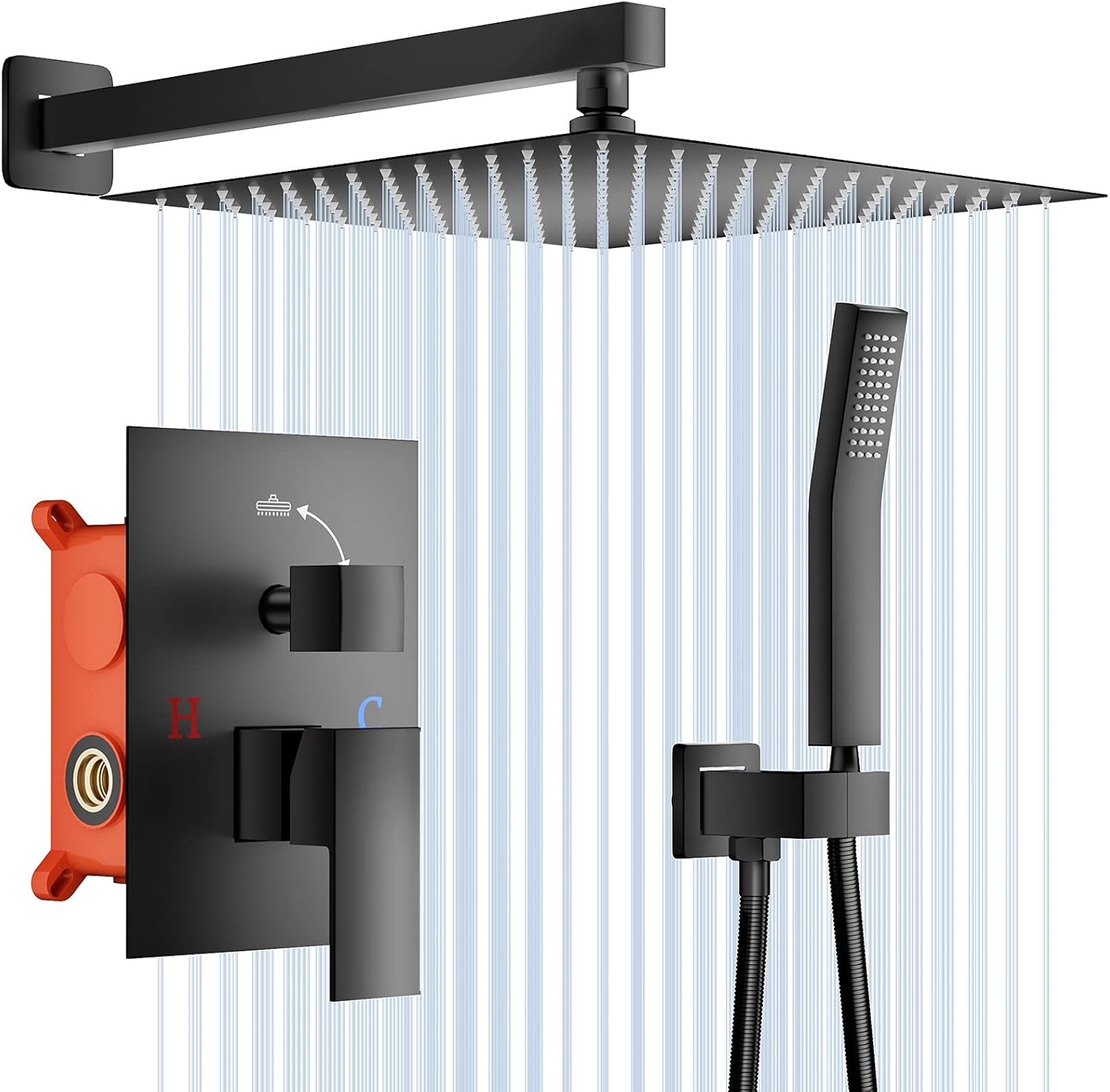 NERDON Shower System, 12 Inch Matte Black High Pressure Rain Shower Head with Handheld, Wall Mounted Mixer Shower Combo Set, Bathroom Rainfall Shower head Shower Faucet Brass Shower Valve and Trim