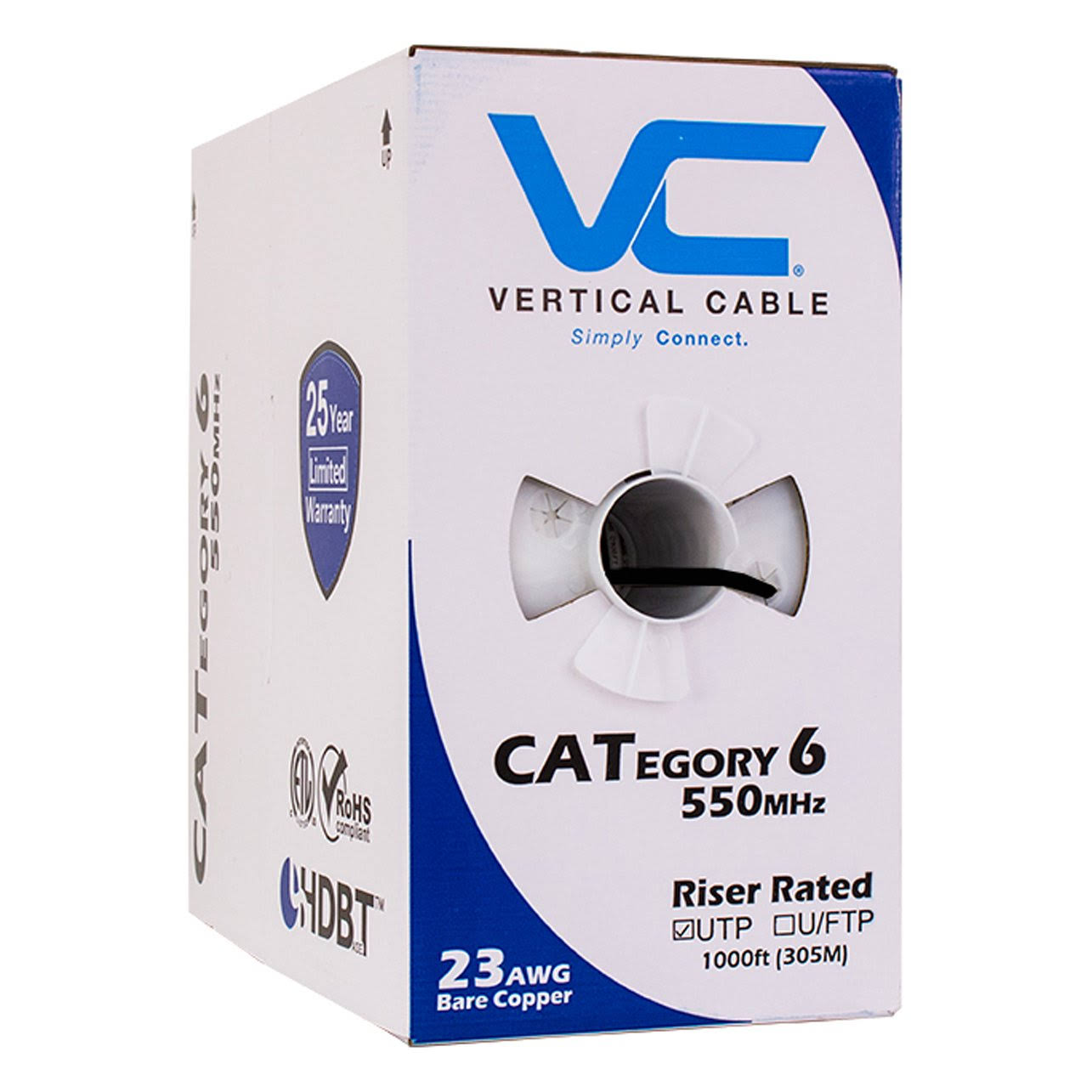 Vertical Cable Cat6, 550 MHz, UTP, 23AWG, Solid Bare Copper,1000ft, Black, Bulk Ethernet Cable