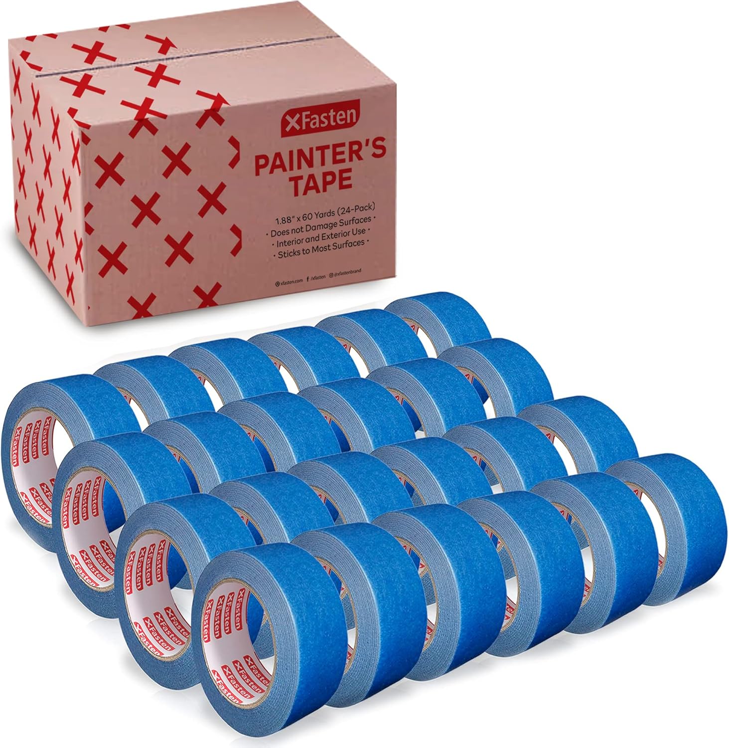 XFasten Blue Painters Tape Bulk, 1.88 Inch x 60 Yards, 1440 Yards Total (24-Pack) Blue Painters Masking Tape Bulk - Sharp Edge Line Technology, Produces Sharp Lines | Residue-Free Wall Trim Tape