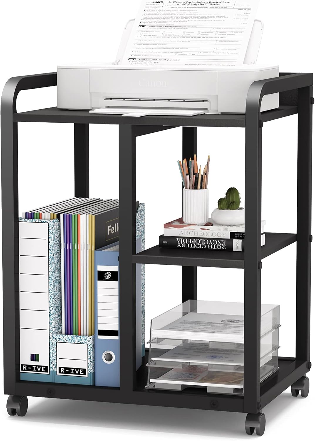 Tribesigns Mobile Printer Stand with Storage Shelves, 3-Shelf Rolling Printer Cart Under Desk, Machine Stand with Wheels for Home Office