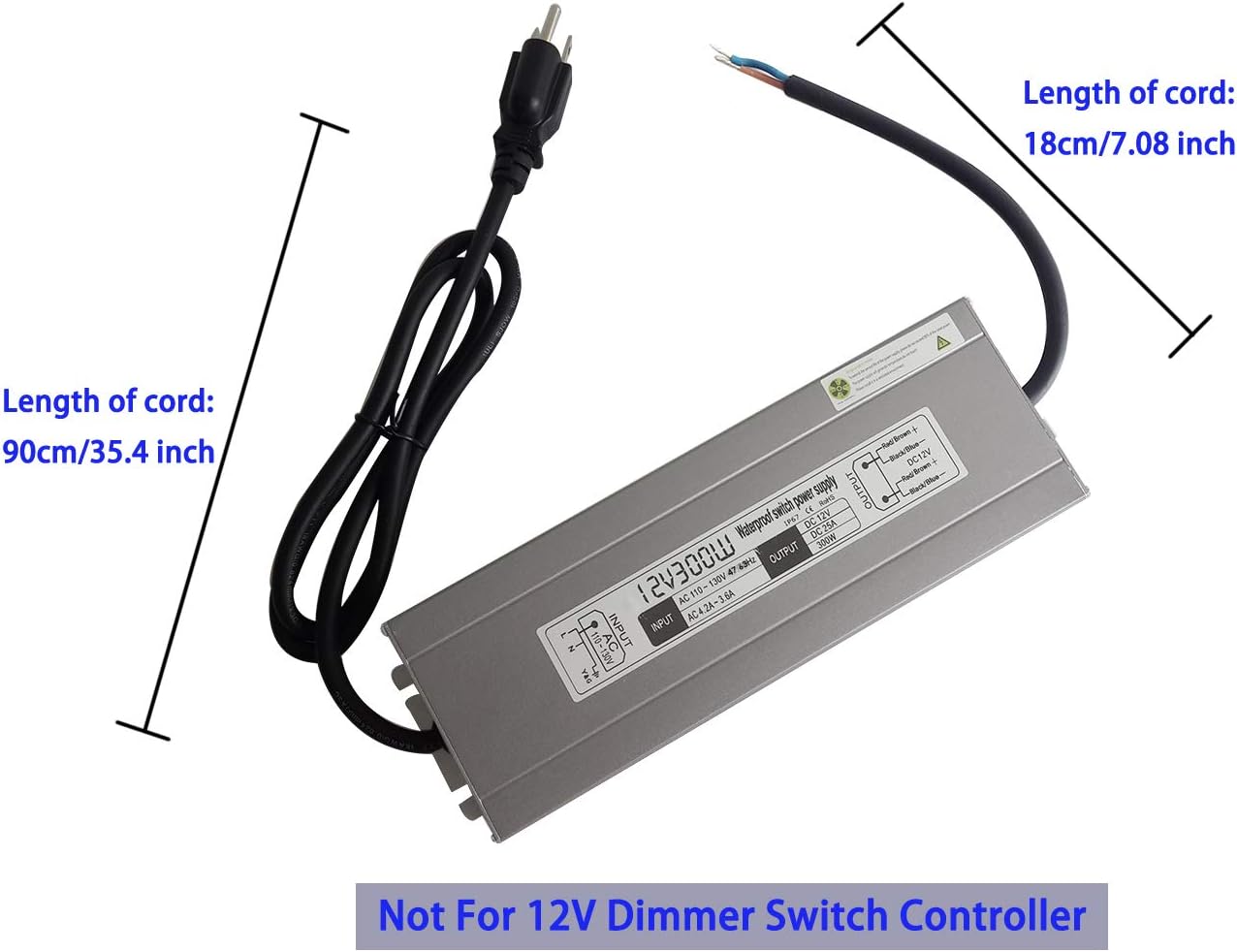 lenoup 300w Waterproof Power Supply Transformer,110-130v AC to 12v DC Output 25a Power Supply Adapter with 3 feet Cable for Outdoor Use