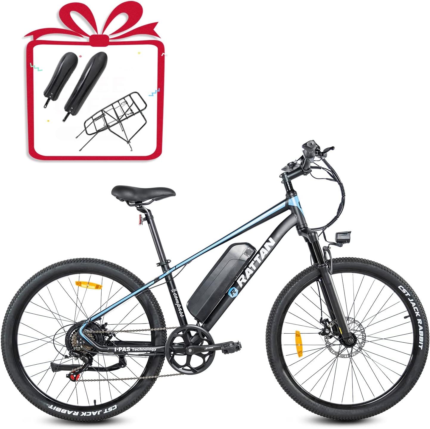 Rattan 500W/750W Electric Mountain Bike 27.5/26'' Fat Tire Electric Bike for Adult 48V 13AH Removable Lithium-ion Battery Fat Tire Beach Snow Ebike Shimano 7-Speed Gear