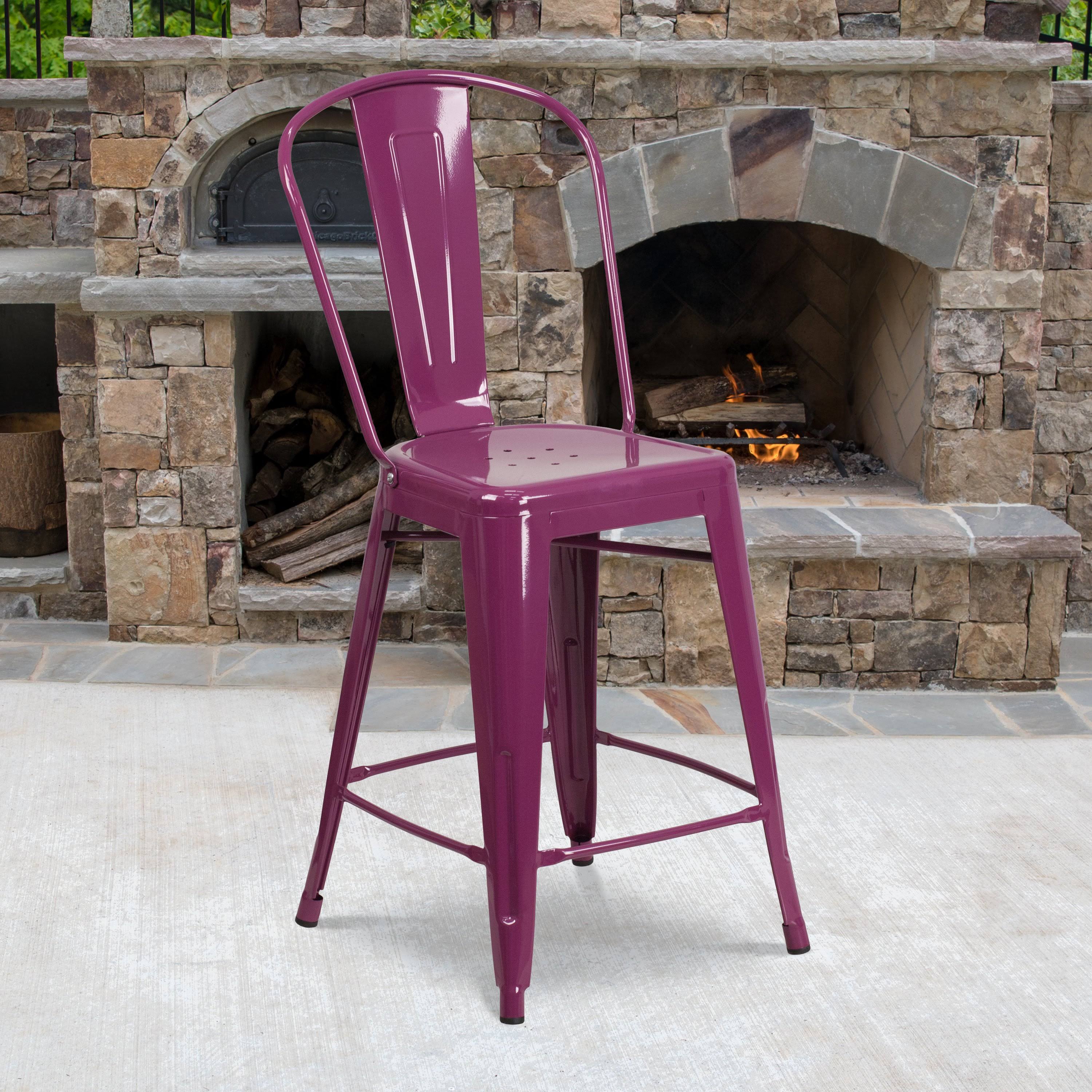 Flash Furniture 24 in. Metal Indoor-Outdoor Counter Height Stool with Splat Back, Purple