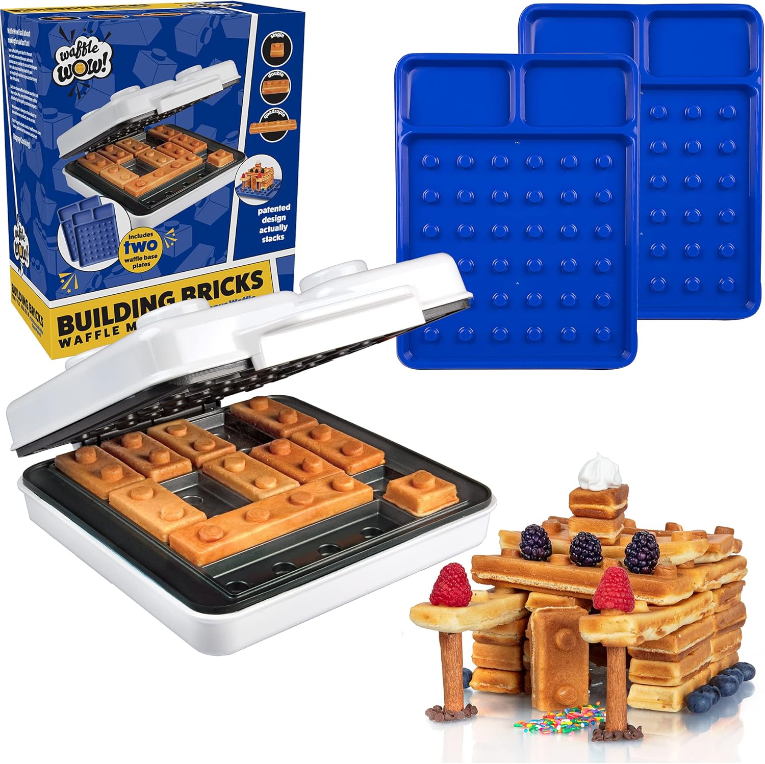 Building Brick Electric Waffle Maker with 2 Construction Eating Plates - Cook Fun, Buildable Waffles in Minutes - Revolutionize Breakfast, as seen on Kickstarter - Stack & Build on Serving Dishes