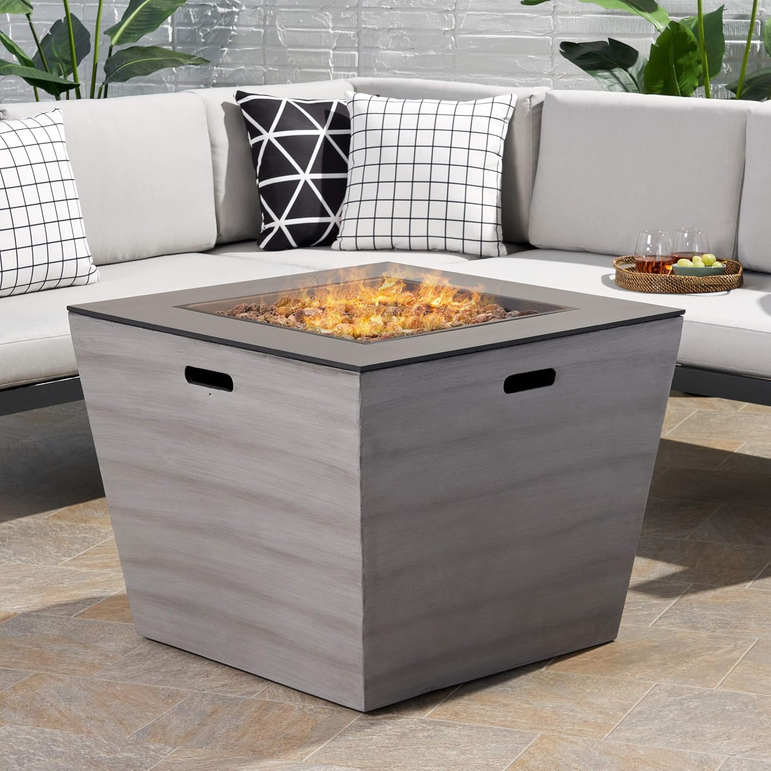 GDF Studio Janet Outdoor Modern 30-Inch Square Fire Pit, Dark Gray and Gloss Black