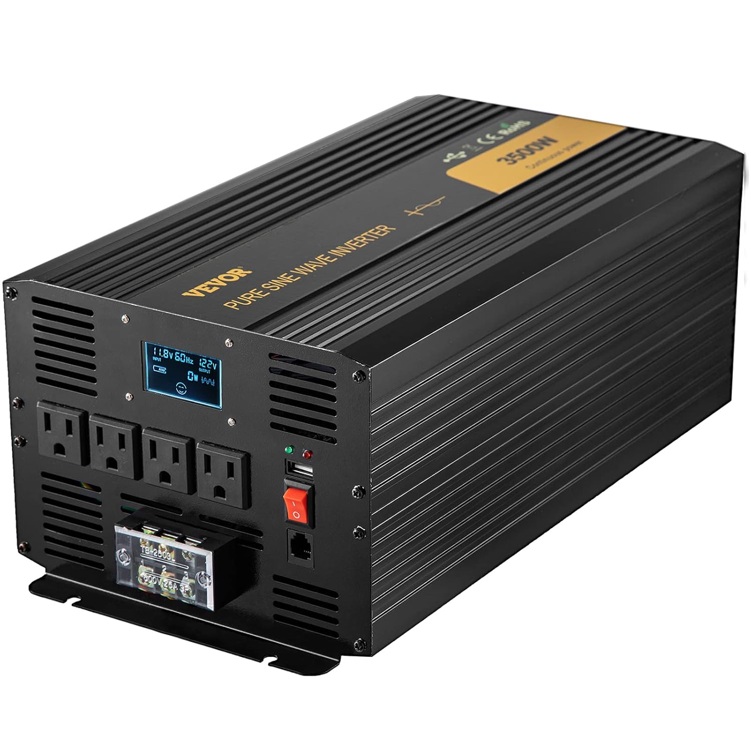 VEVOR Pure Sine Wave Inverter 3500 Watt Power Inverter, DC 12V to AC 120V Car Inverter, with USB Port LCD Display Remote Controller and AC Outlets (GFCI), for RV Truck Car Solar System Travel Camping