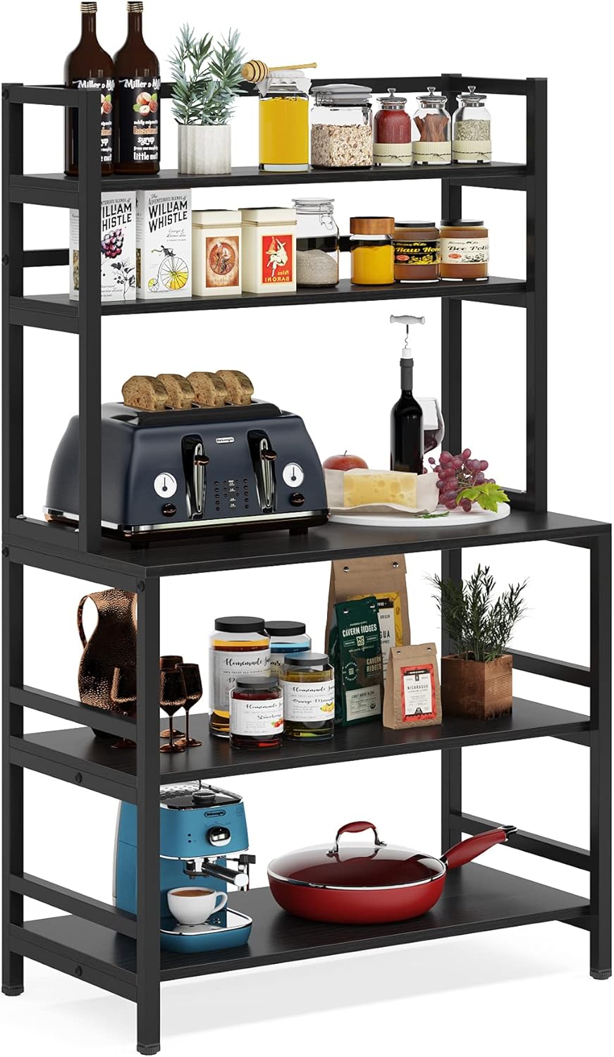 Tribesigns Bakers Rack with Hutch, Microwave Oven Stand, 5-Tier Kitchen Utility Storage Shelf, Height Free Standing Kitchen Organizer for Spices, Pots, Pans and Oven (Rustic Brown)