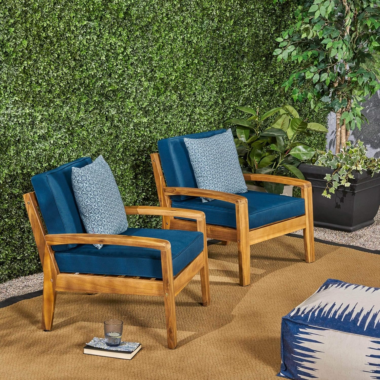 Christopher Knight Home Grenada Outdoor Wood Club Chairs (Set of 2) by Club Chairs Teak Finish + Dark Teal Acacia