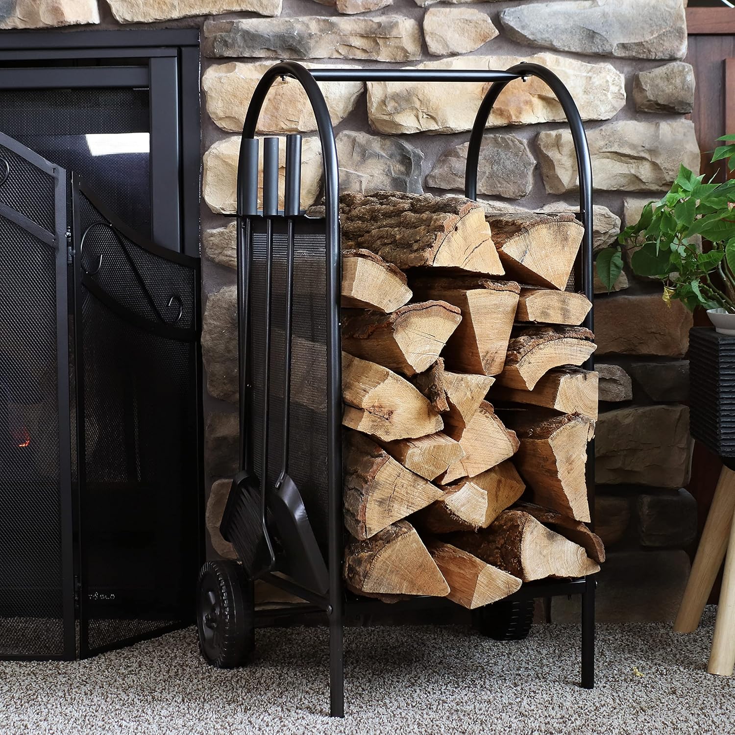 Sunnydaze Firewood Log Cart with Wheels and Fireplace Tool Set - Indoor/Outdoor Wrought Iron Firewood Rack and Poker, Shovel and Brush Tools with Steel Handles