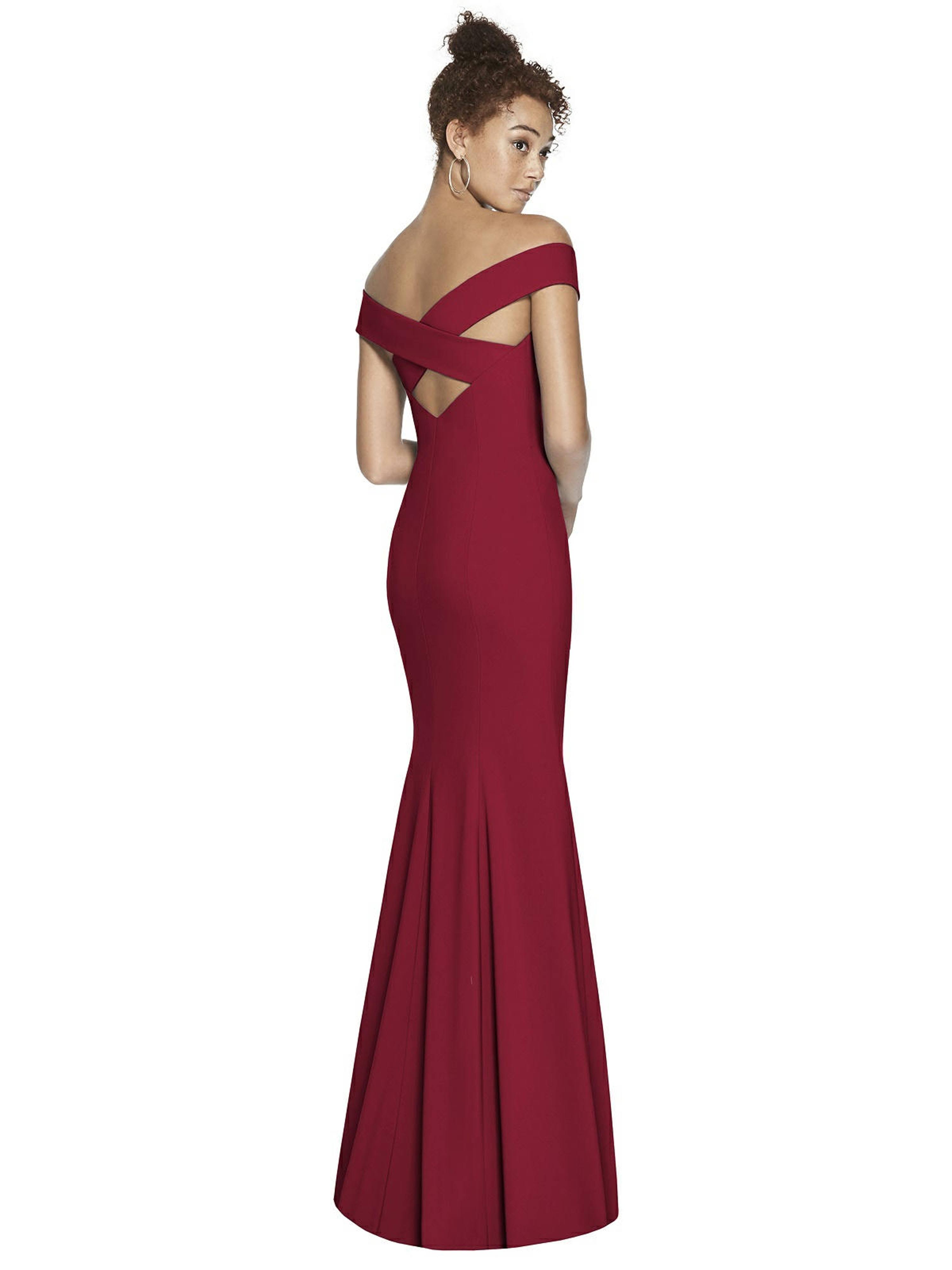 Dessy Collection Off-The-Shoulder Criss Cross Back Trumpet Gown - Red