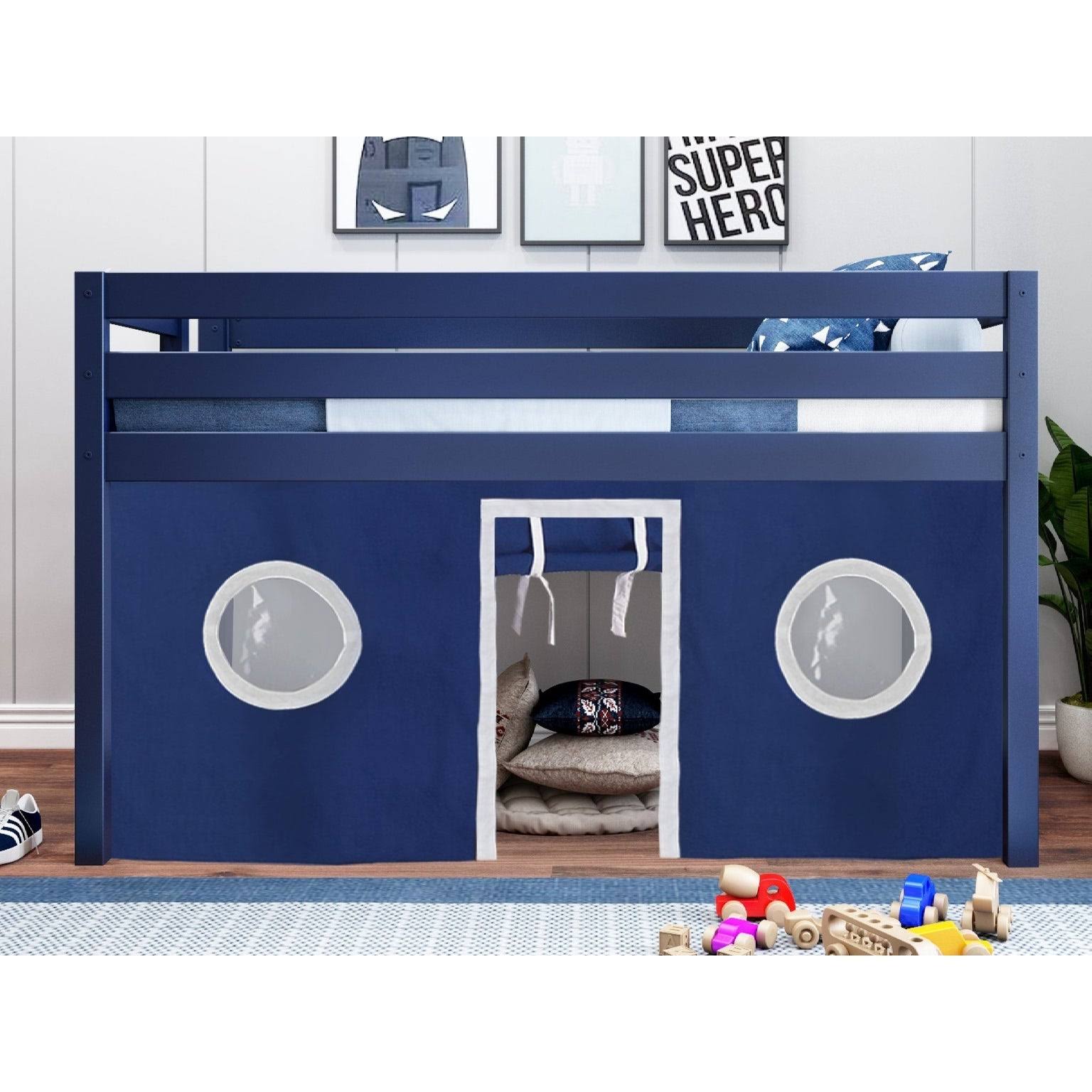 Jackpot! Contemporary Low Loft Bed with End Ladder, Twin, White with Blue u0026 White Tent