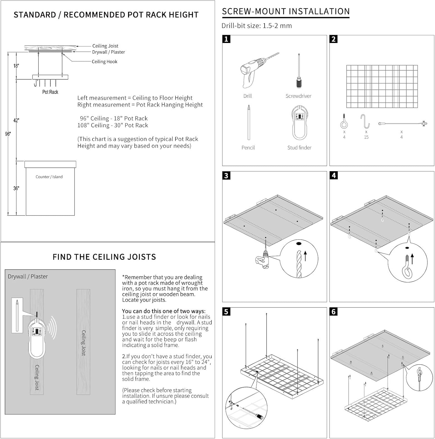 KES Ceiling Pot Rack 30 Inches Hanging Pot and Pan Rack for Ceiling with 15 Hooks Matt Black Kitchen Pot Hanger Rack,KUR219S75-BK Pack of 2