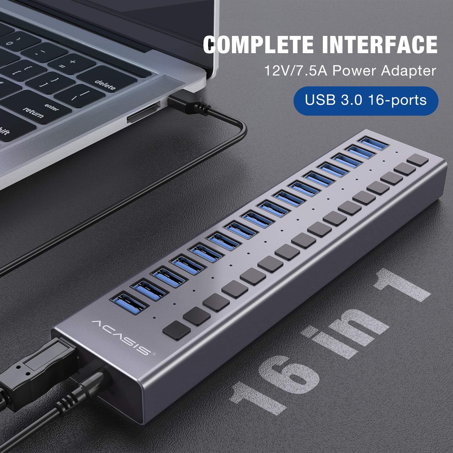 Powered USB Hub - ACASIS 16 Ports 90W USB 3.0 Data Hub - with Individual On/Off Switches and 12V/7.5A Power Adapter USB Hub 3.0 Splitter for Laptop, PC, Computer, Mobile HDD, Flash Drive and More