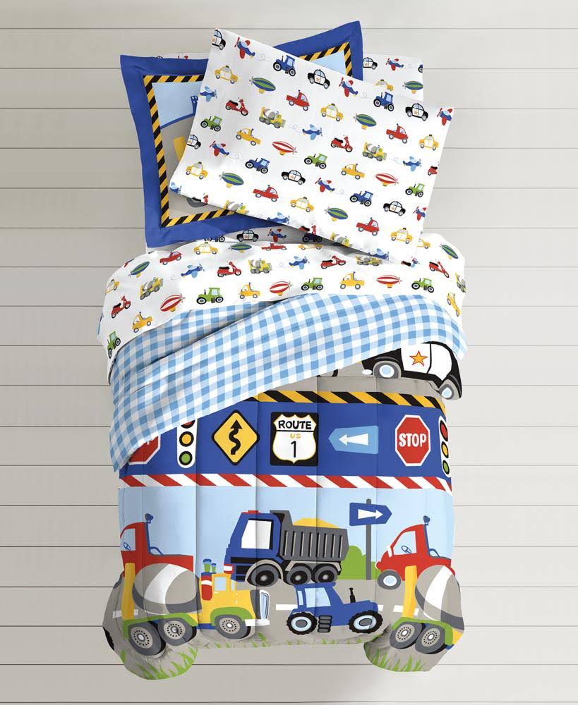 Dream Factory Trucks Tractors Cars Boys 5-Piece Comforter Sheet Set, Blue Red, Twin