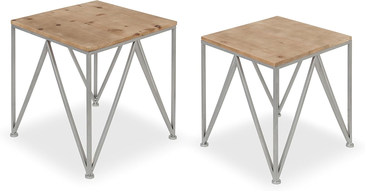 Kate and Laurel Uzma 2-Piece Modern Side Accent Tables Geometric Metal Silver Base with Natural Wood Tops