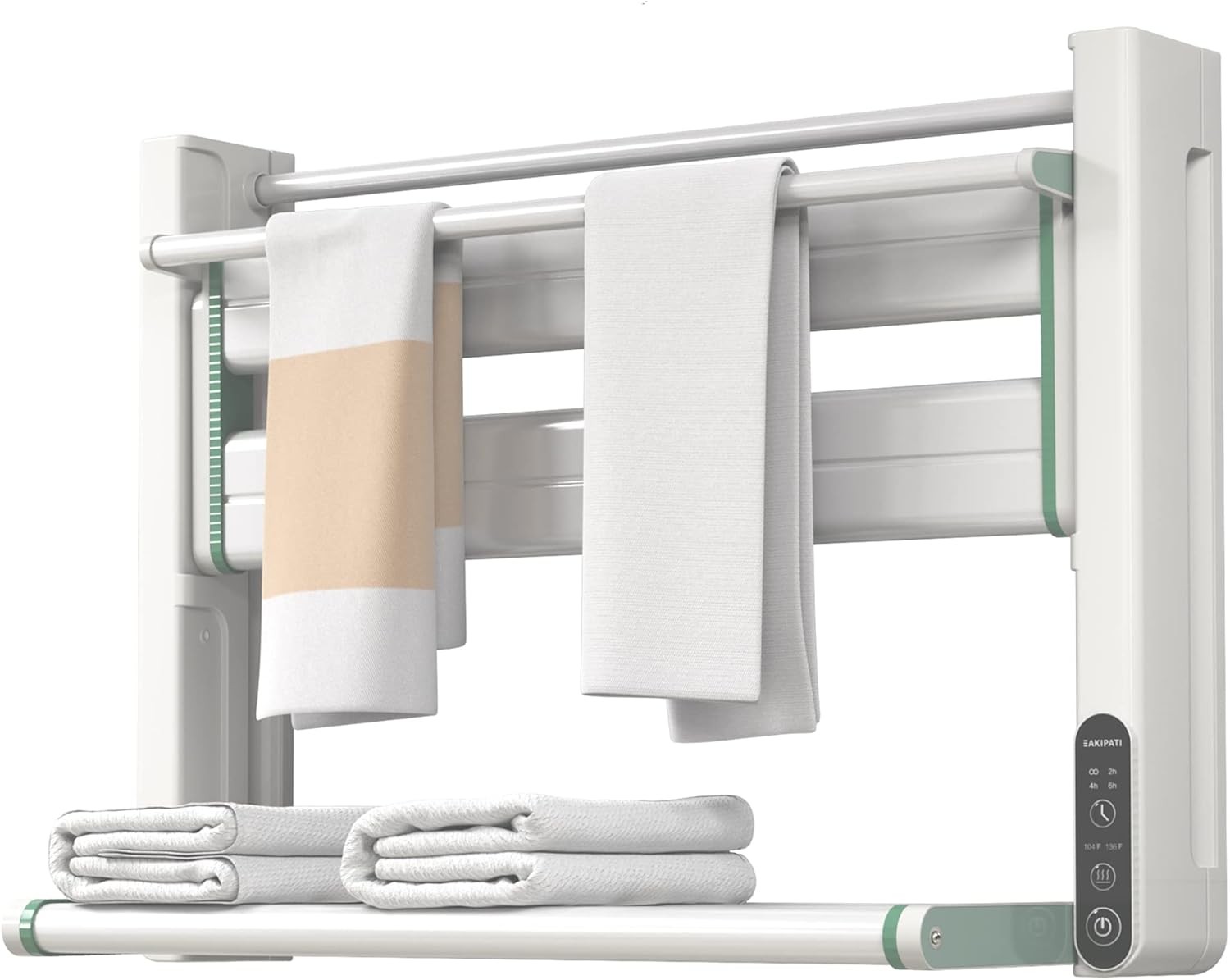 EAKIPATI Foldable Towel Warmer, Wall Mounted Electric Towel Heater with Built-in Timer and LED Indicators, Wide Panel Heated Towel Rack for Bathroom, White