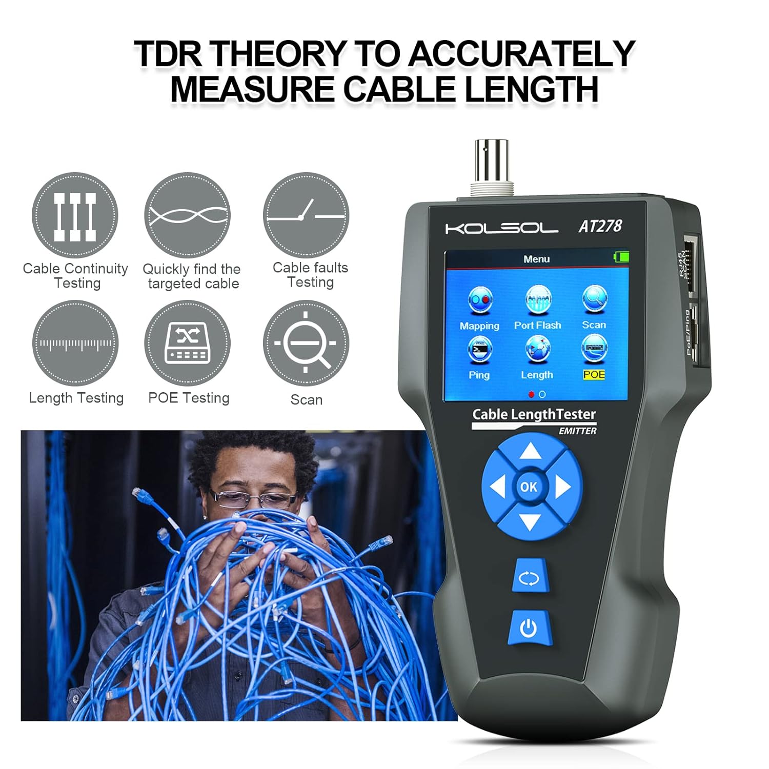 Network Cable Tester, Network Tester with TDR, Network Toner Tester with AC Filter, AT278 Multi-Functional Wire Tracker for RJ45, RJ11, BNC, Metal Cable, PING/POE Pack of 2