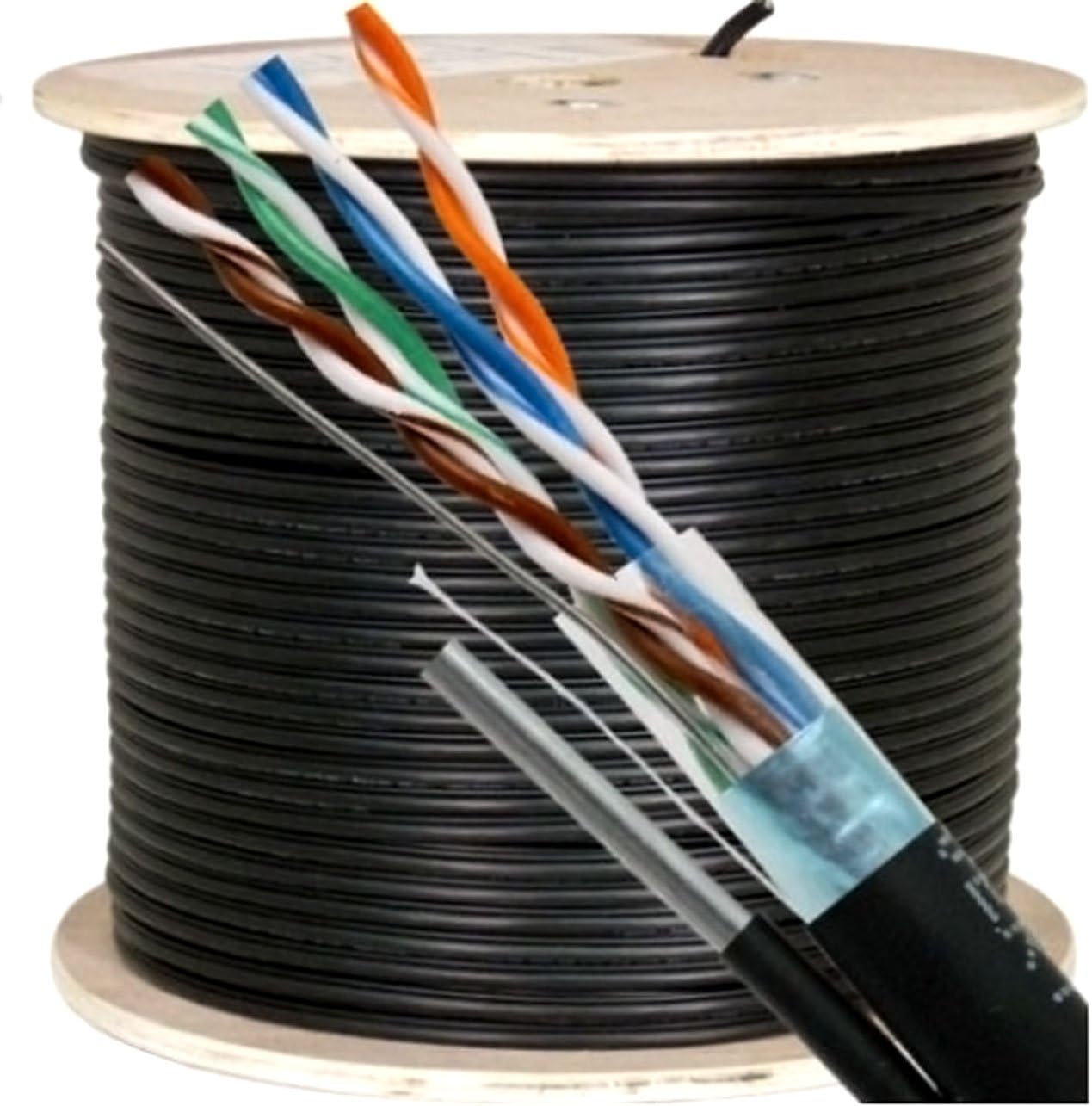 Vertical Cable Cat5e, 350 Mhz, Overall Shielded, UV Jacket, Outdoor, CMX, Messenger, 1000ft, Black, Bulk Ethernet Cable, Wooden Spool