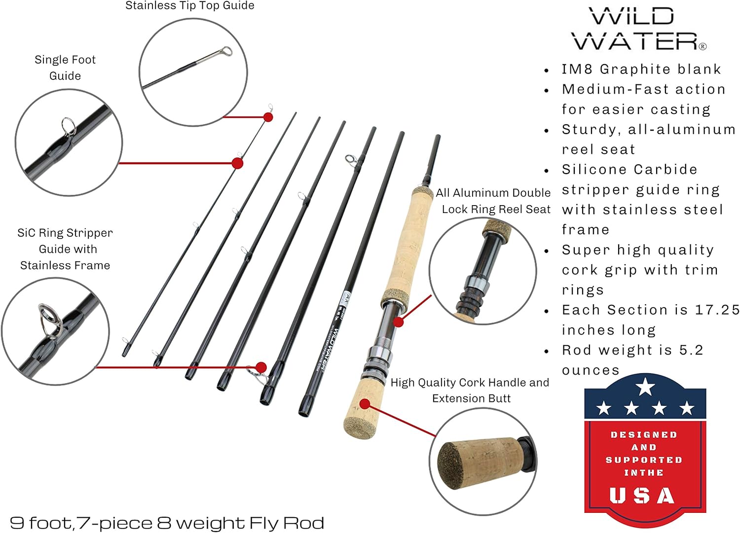 Wild Water Fly Fishing Complete 9 Foot, 8 Weight, 7 Piece Pack Rod and Reel Starter Package with Freshwater Flies
