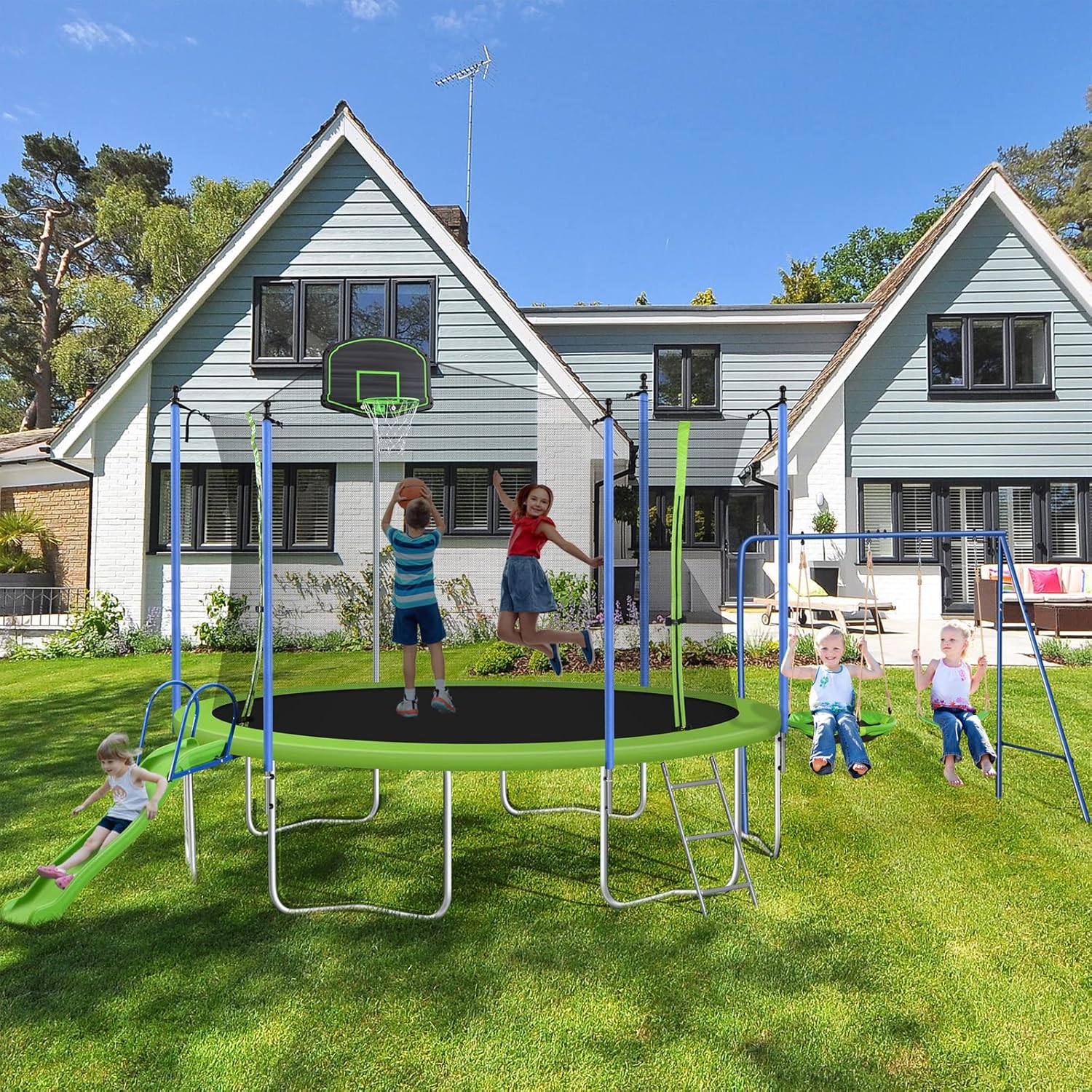 Lyromix 14FT Trampoline with Swings and Slide, Large Recreational Trampoline with Basketball Hoop and Ladder, Outdoor Backyard Trampoline with Enclosure Net, Capacity for 6-9 Kids and Adults