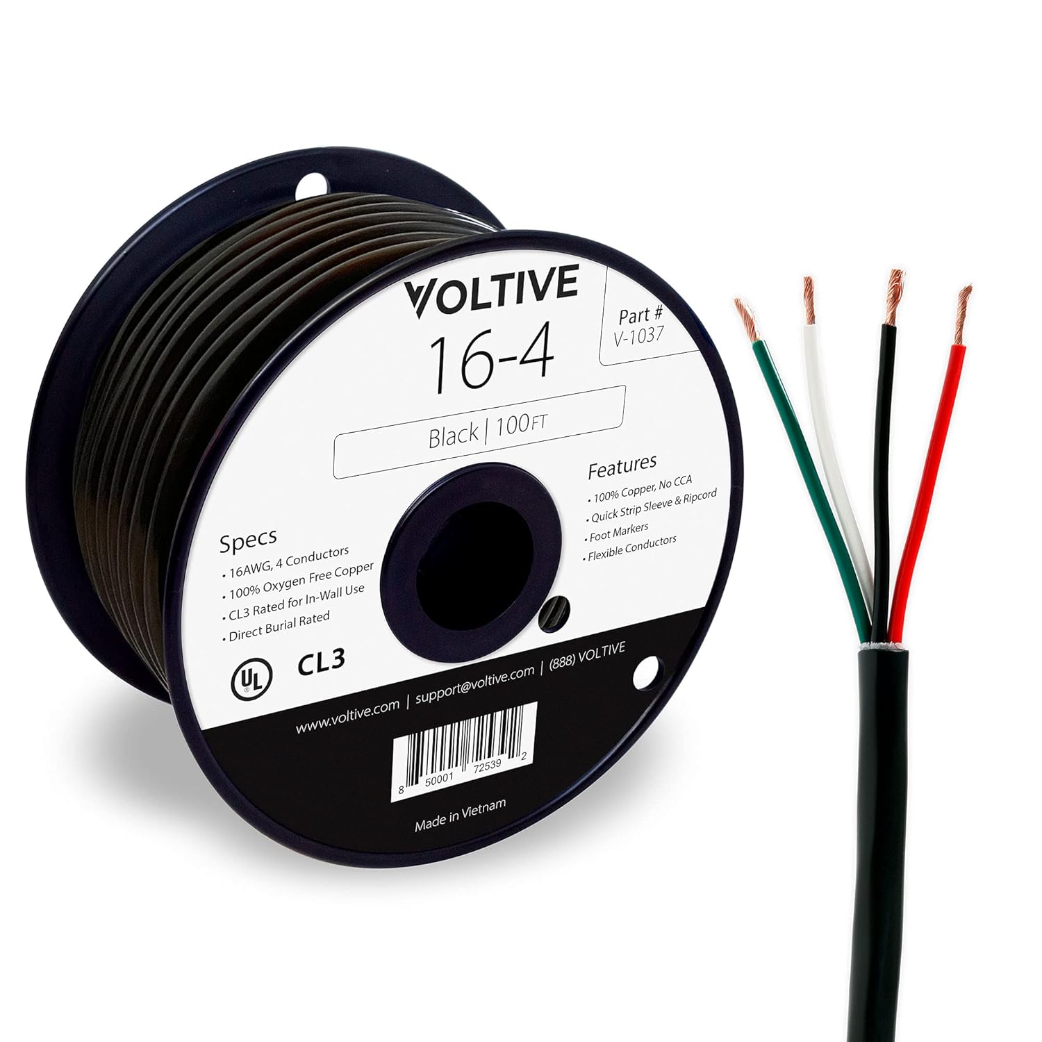 Voltive 16/4 Speaker Wire - 16 AWG/Gauge 4 Conductor - UL Listed in Wall (CL2/CL3) and Outdoor/In Ground (Direct Burial) Rated - Oxygen-Free Copper (OFC) - 100 Foot Spool - Black