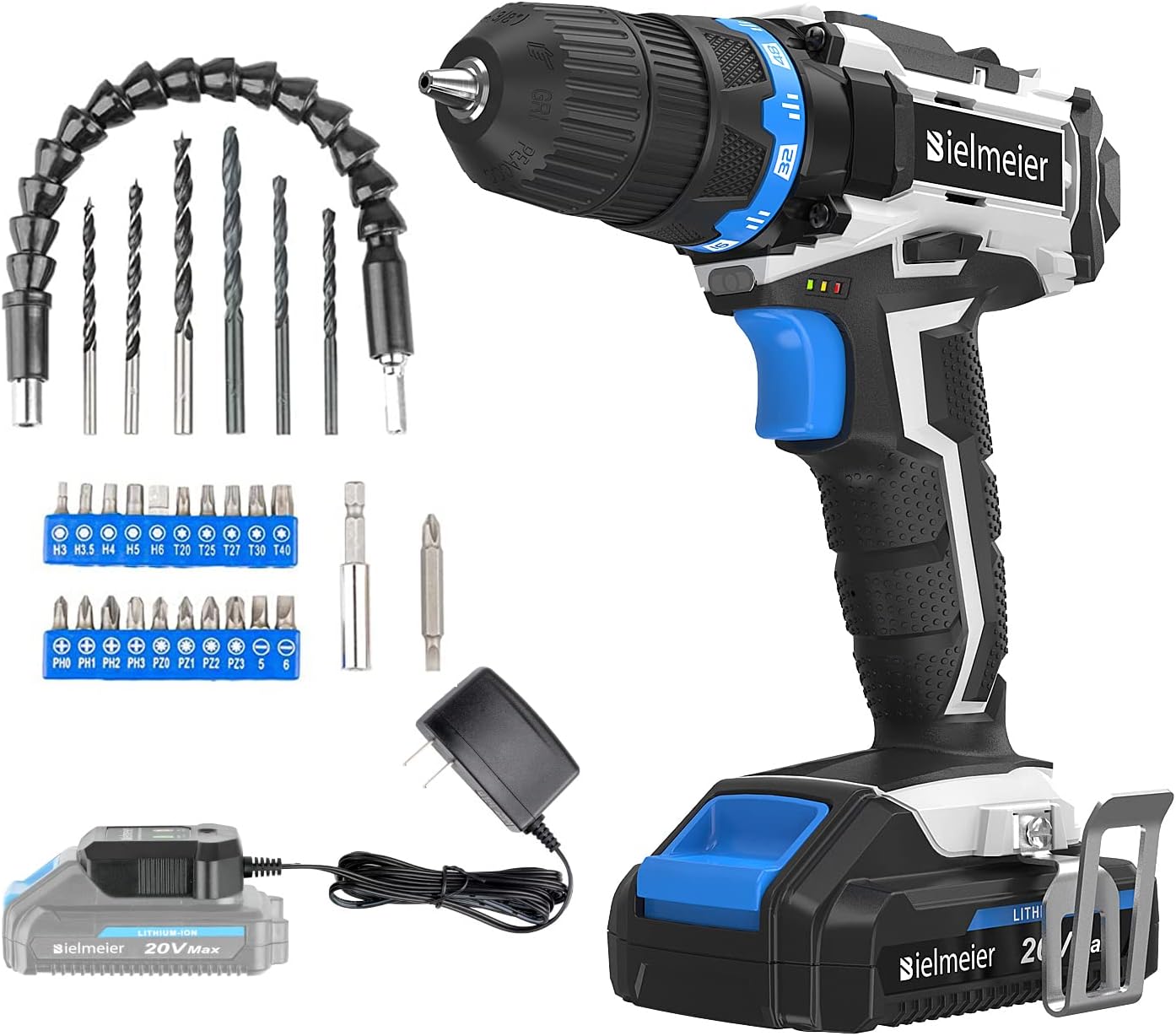 Bielmeier Cordless Drill Set, 20V MAX Lithium-Ion Power Drill Cordless, Electric Drill with Variable Speed, LED and 58pcs Drill Bits (BCDK-58) Pack of 2