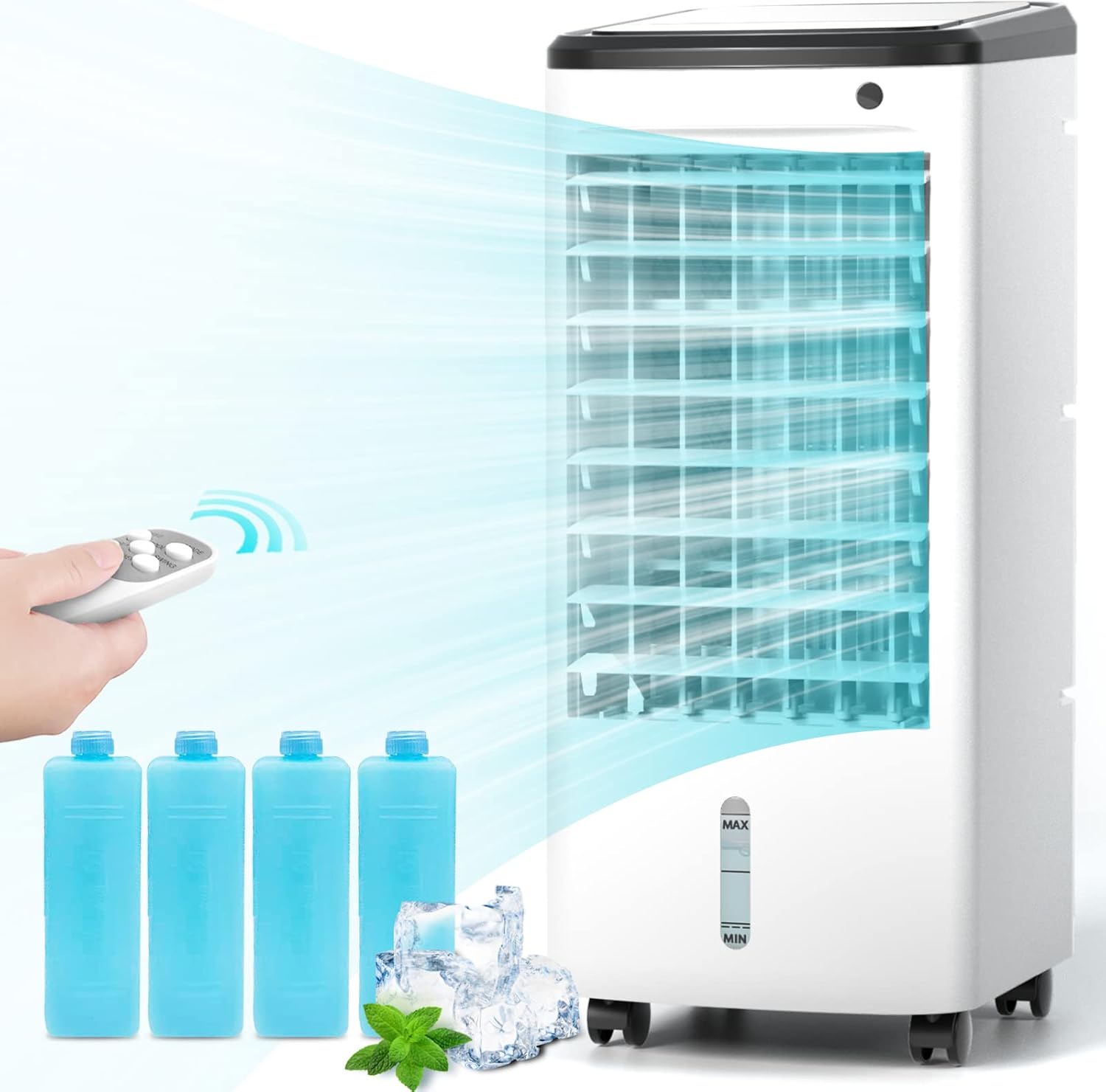 3-IN-1 Evaporative Air Cooler, Portable Evaporative Cooler Fan/Humidifier/Cooling with 4 Ice Packs, 12H Timer & Remote, Ultra-Quiet & 65° Oscillating, Portable Air Conditioner for Room Home Office Use