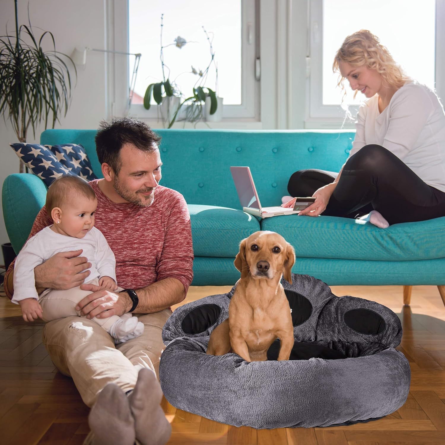 Relaxdays Dog Bed, Round Retreat for Pets, Paw Design, Removable Cover, with Pad, &Oslash;85cm, Fluffy, Grey-Black