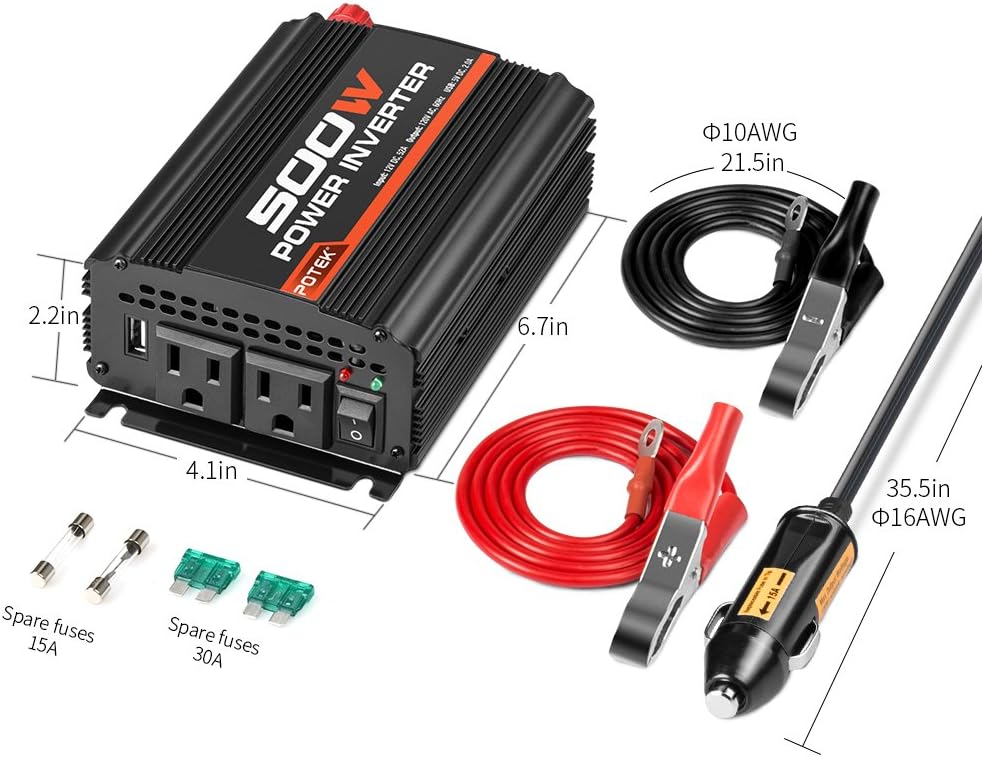 POTEK 500W Power Inverter/Car Inverter DC 12V to AC 110V Dual AC Charging Port and 2A USB Ports for Laptop, Smart Phone Pack of 2
