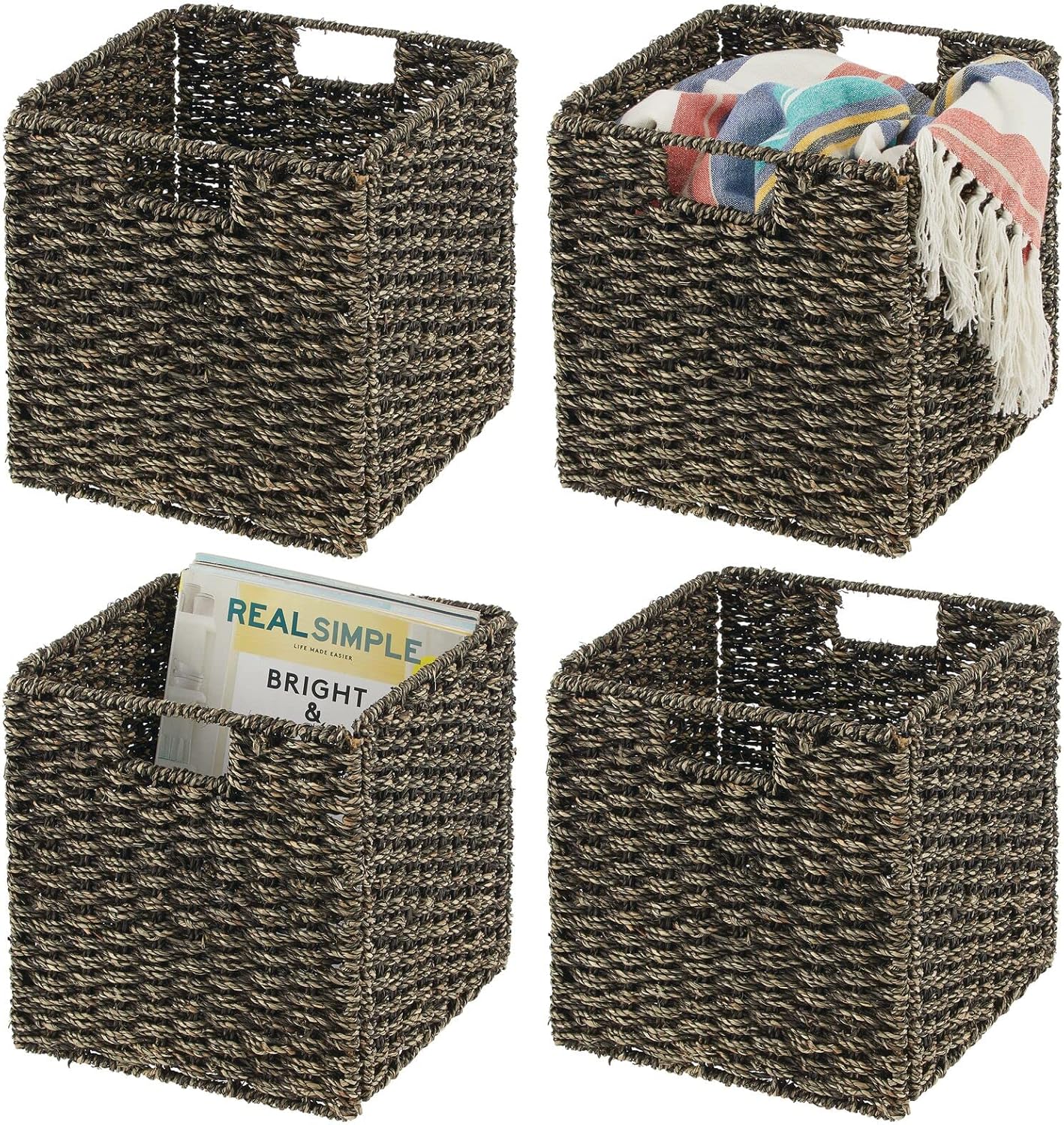 mDesign Seagrass Woven Cube Foldable Storage Bins Basket Organizer with Handle - for Organizing Closet, Laundry, Home Office, Nursery, Kitchen, Bathroom Shelf - 6 Pack - Natural