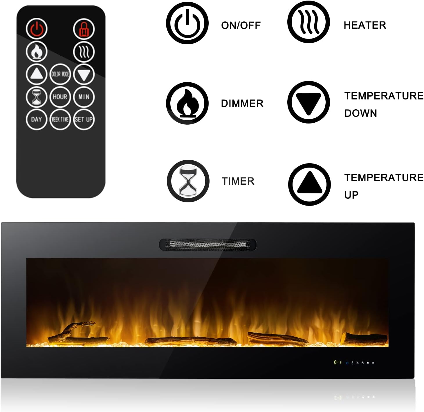 50 Inch Electric Fireplace Recessed and Wall Mounted, Electric Fireplace with Adjustable Flame Colors, Touch Screen, Remote Control, Easy to Install ,750w/1500w (50)