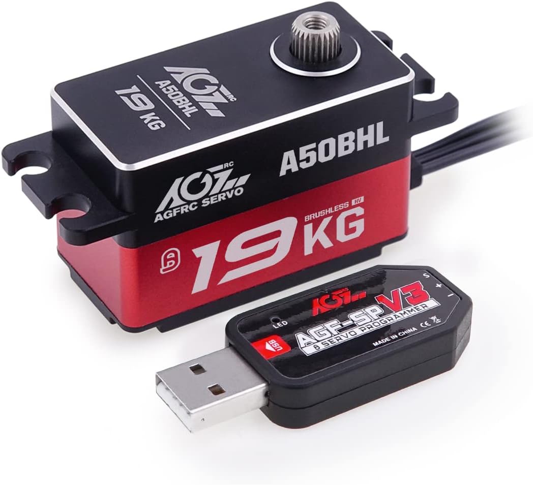 AGFRC 19KG Low-Profile High-Torque Programmable-Digital-Servo - Full Metal Gear CNC Case Brushless Servo for 1/10 RC Models, Control Angle 180° (A50BHL&AGF-SPV3) Pack of 2