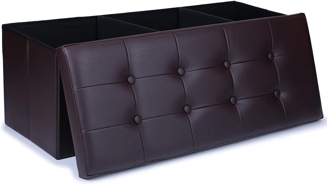 WoneNice Folding Storage Ottoman Bench, Faux Leather Long Storage Chest Footrest Padded Seat with Wooden Divider, 43 x 15 x 15 Inches, Hold up 660lbs (Dark Brown) Pack of 2