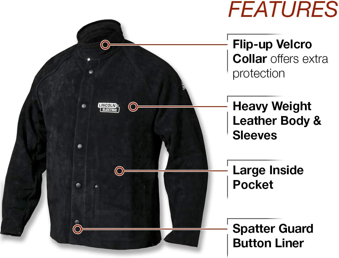 Lincoln Electric Heavy Duty Leather Welding Jacket | Ideal for High Amperage or Out of Position Welding | Medium | K2989-M,Black/Red