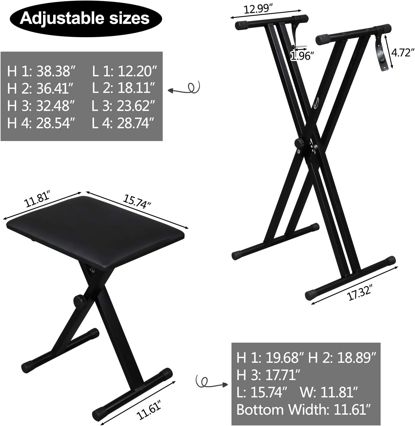ShowMaven Heavy Duty Keyboard Stand and Bench, Double-X Style Adjustable Height and Portable Pack of 2