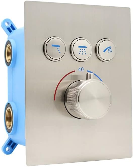Drettyer 3 Way Thermostatic Shower Diverter Valve,Brass Concealed Pressure Balancing Valve Shower Mixer Mixing Replacement Valve Kit Can Use at The Same Time,Brushed Nickel
