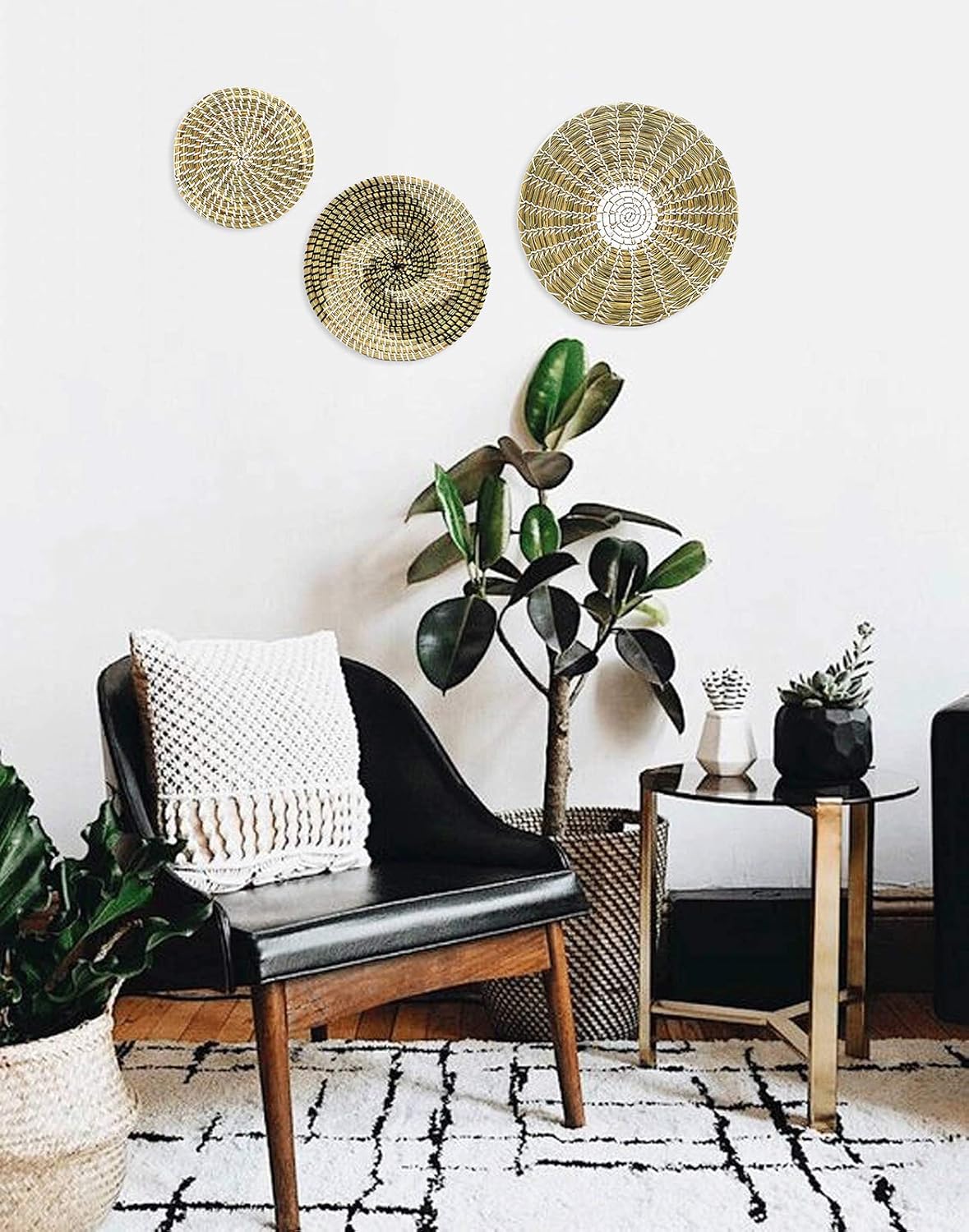 Enmolove Wicker Wall Decor - Hanging Woven Basket Home Decor Set of 3 Boho Handmade Seagrass Rattan Baskets Wall Decor for Bedroom, Living Room Or 0ffice Space Pack of 2