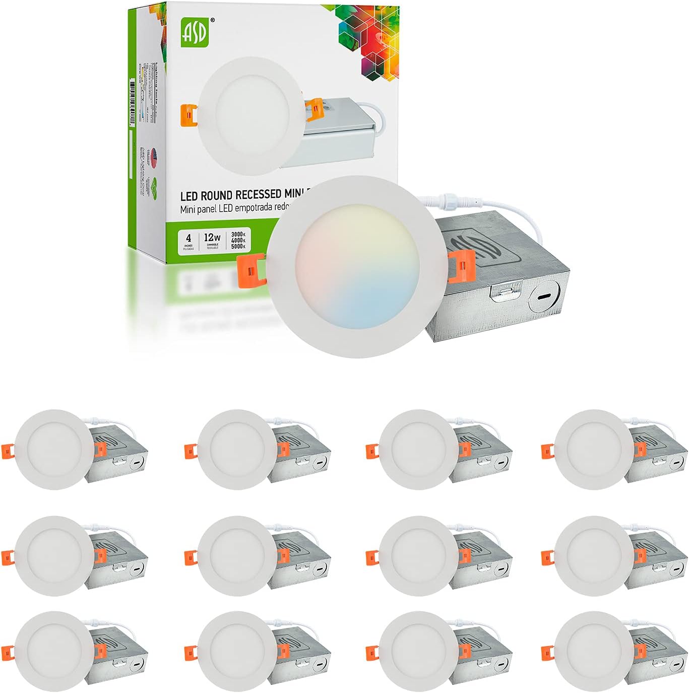 ASD LED Recessed Lighting 3 Inch, 3 CCT 3000K/ 4000K/ 5000K Selectable, IC Rated, Ultra Slim Dimmable Downlight with Junction Box, 6W (50W Eq.) 420 Lm, Oil Rubbed Bronze, Energy Star, ETL (12 Pack)