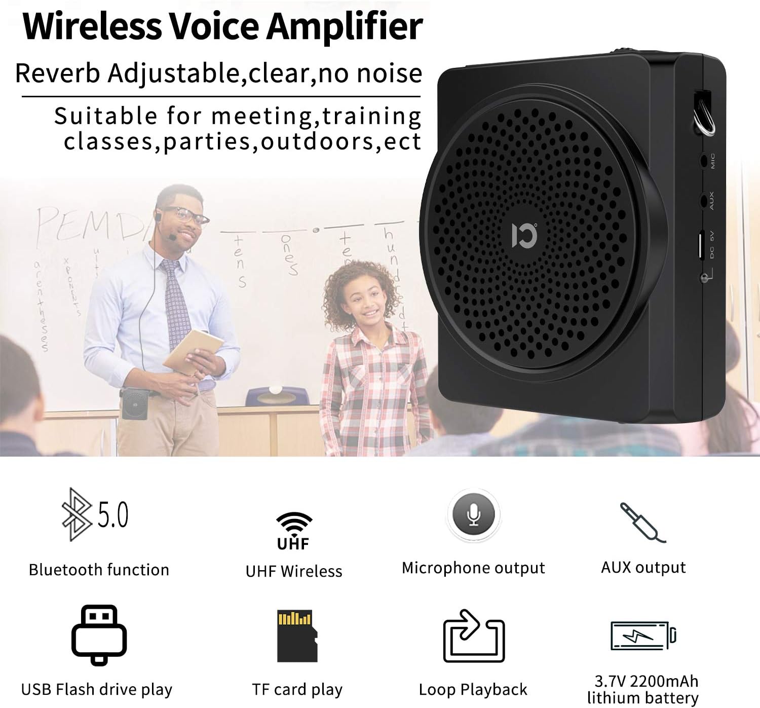 SHIDU Portable Voice Amplifier with UHF Microphone Headset, Mini Bluetooth Pa Speaker,16W 2200mAh Rechargeable Personal Amplifier for Teachers, Tour Guide,Yoga, Training, Meeting,Classroom Pack of 2