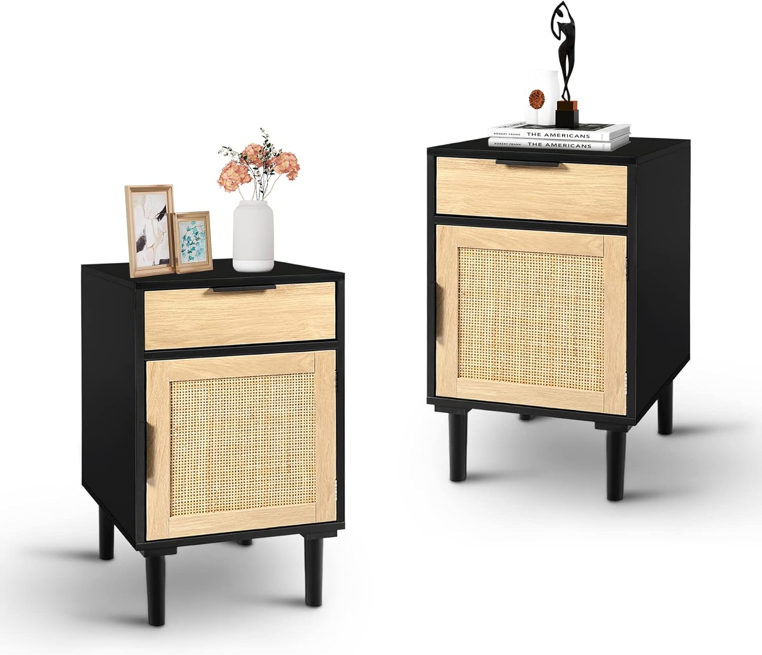 HOPUBUY Nightstands Set of 2 with Drawer and Cabinet, Modern Rattan Night Stand with Adjustable Shelf, Wooden Bedside Table End Table for Small Place Living Room, Bedrooms, Black