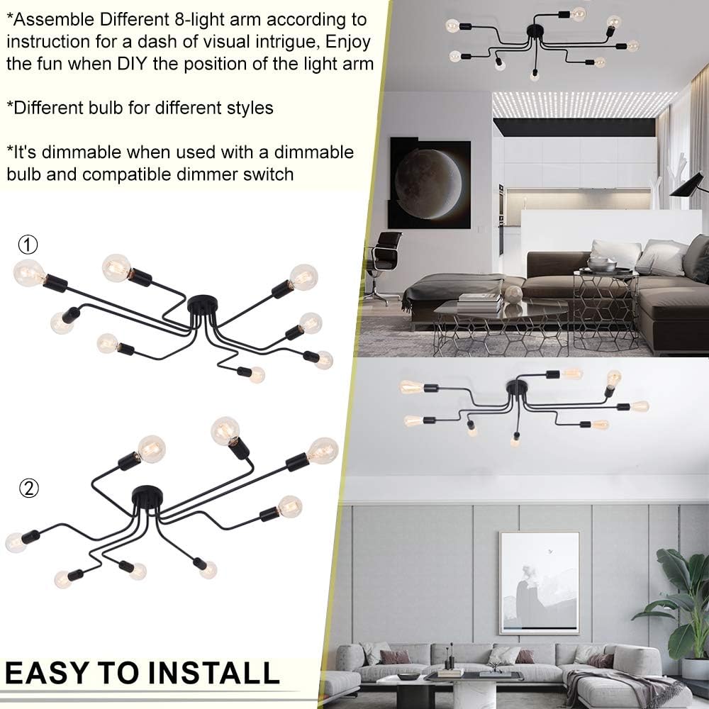 OYI Industrial Ceiling Sputnik Chandelier Lighting, 8 Lights Semi Flush Mount Ceiling Light Modern Metal Art Creative Vintage Kitchen Light Fixtures (Black)