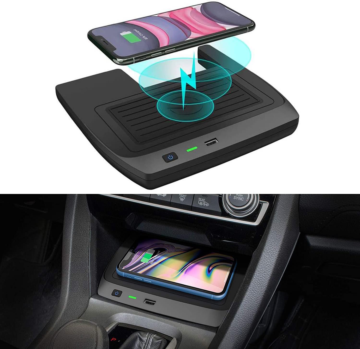 CarQiWireless Wireless Charger for Honda Civic 2016-2021 with USB Port, Wireless Charging Pad for 10th Honda Civic Hatchback Si Coupe Type R Accessories 2021 2020 2019 2018 2017 2016