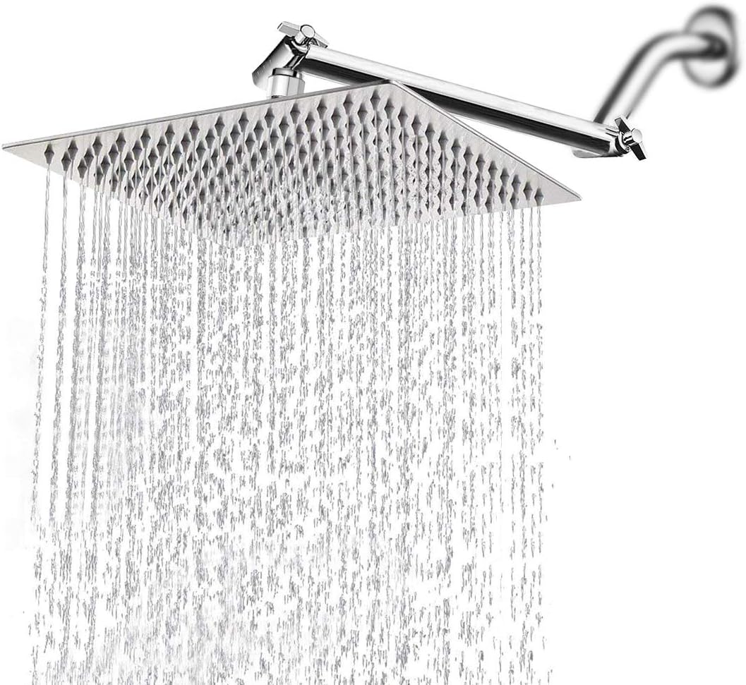 HarJue High Pressure Large Stainless Steel Square Rain ShowerHead With Shower Arm Waterfall Full Body Coverage Easy to Clean and Install (12'' Square Shower Head With Arm, Matte Black) Pack of 2
