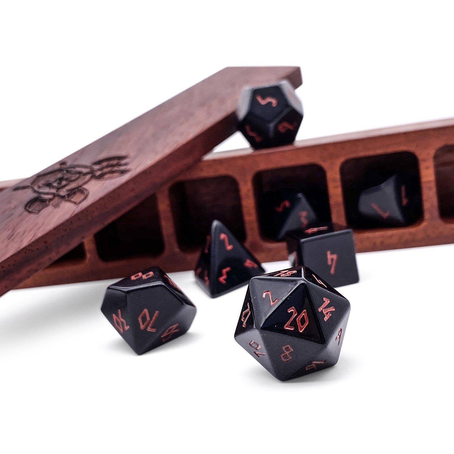 Black Obsidian - 7 Piece RPG Set Gemstone Dice Red Font