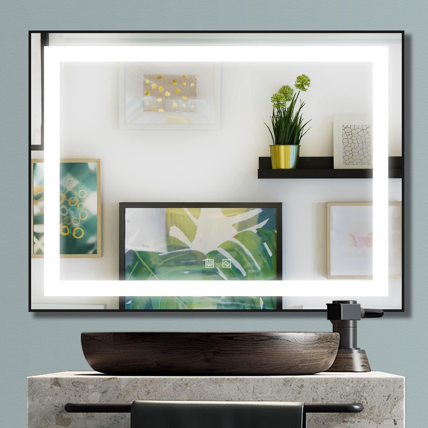 sunzoom 48 x 36 Black Framed Led Lighted Bathroom Mirror Dimmable Electric Vanity Wall Mounted Anti-Fog Bathroom Touch Switch Memory Mirror IP67 CRI 90