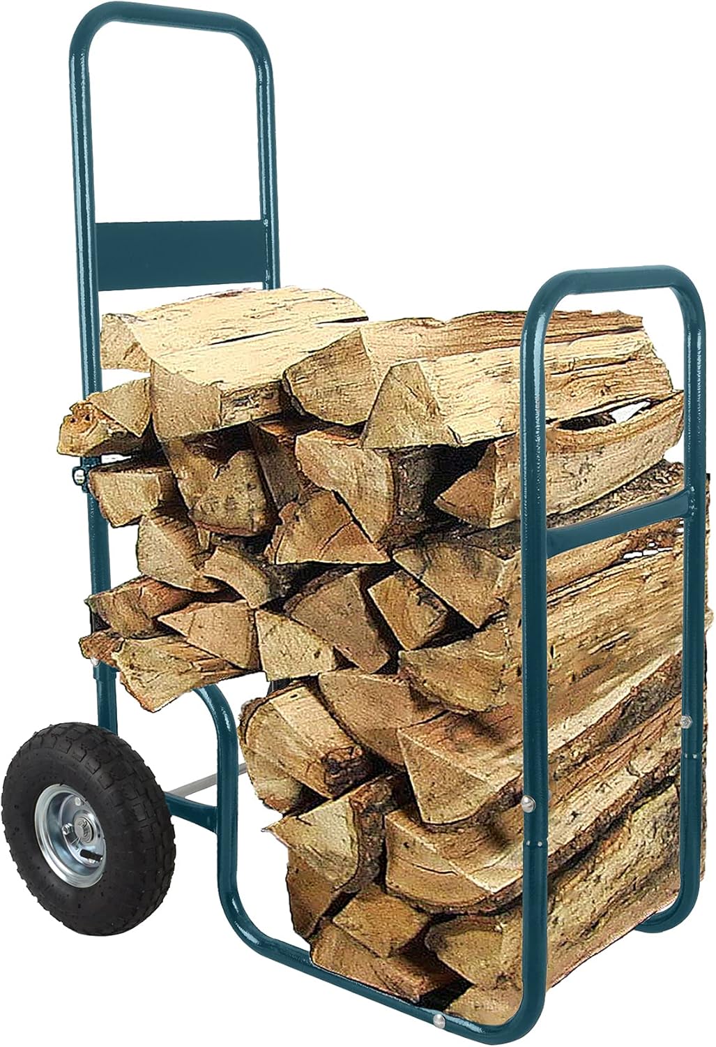 LEADALLWAY Firewood Cart Wood Hauler Fireplace Log Carrier Mover|Outdoor Indoor Heavy Duty Steel Firewood Storage Carrier Cart With 2 Pheumatic Wheels, Labour-Saving Wood Stove Accessories Tools Gray Green