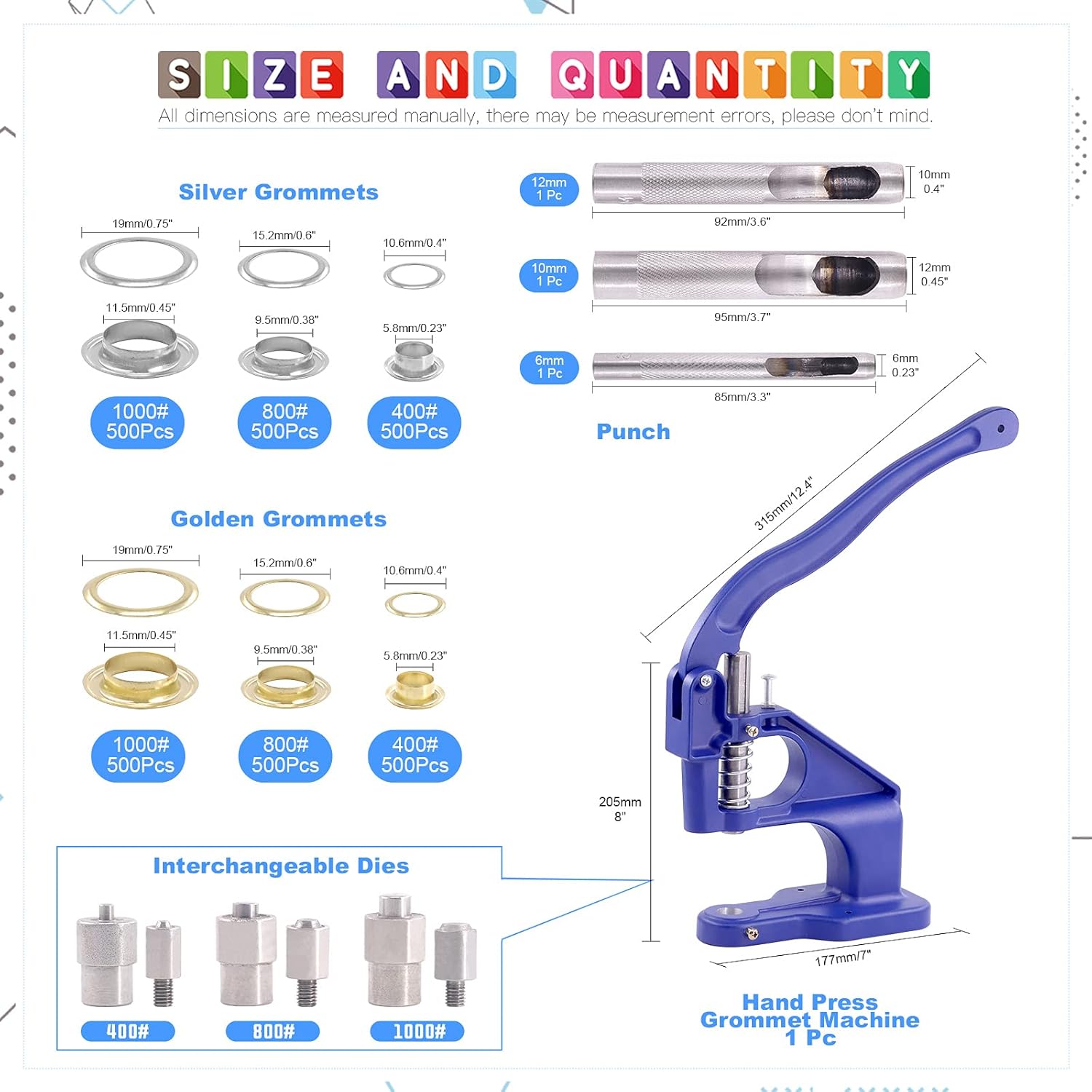 Glarks 3007Pcs Heavy Duty Hand Press Grommet Eyelet Machine Hole Punch Tool Kit Including Grommet Machine with 3 Dies #0#2#4 and 3000Pcs Golden & Sliver Grommets for Banner, Awning, Poster, Curtain